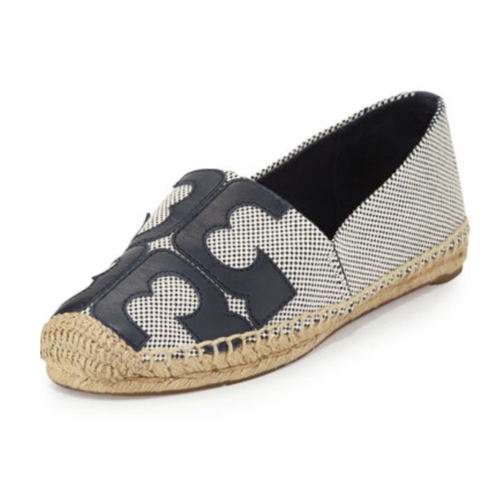 Tory Burch Lonnie Espadrilles Womens 6.5 Black White Logo Textile Flat Excellent